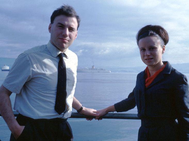 Leonard and Wendy, just after marriage, about to board Empress of Canada (in background), Clyde, Scotland